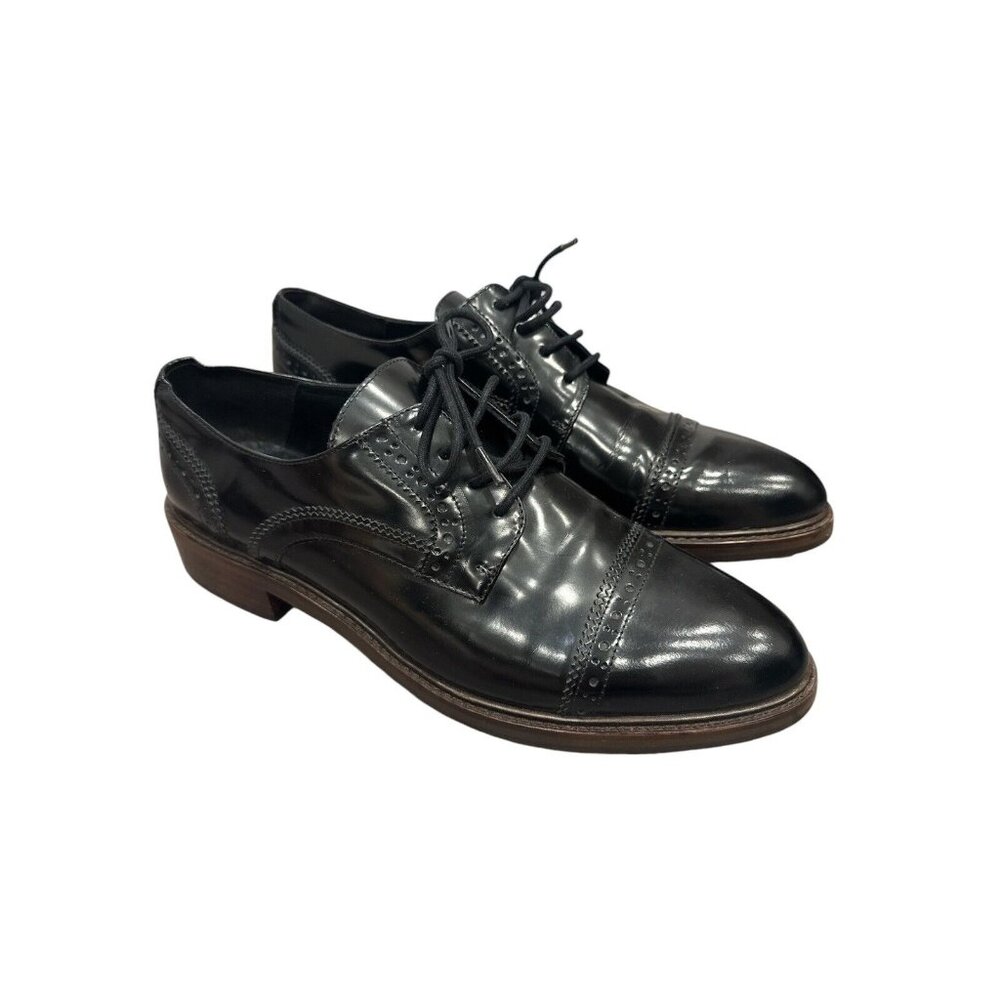 Massimo Dutti Black Leather Lace-Up Flats with Brown Sole Trim